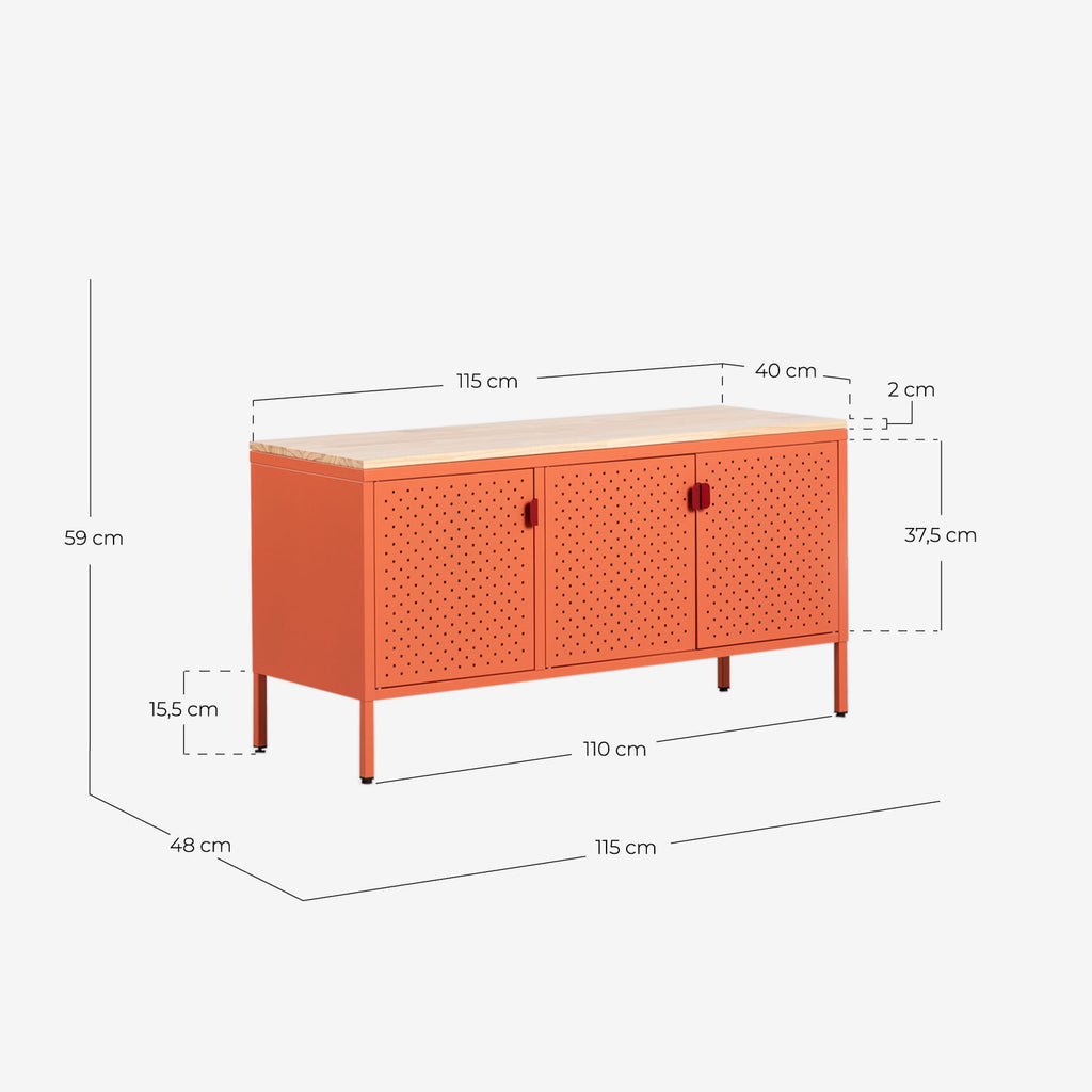 Low sideboard 3 doors 115x40 cm in laminated steel and Varys pine wood