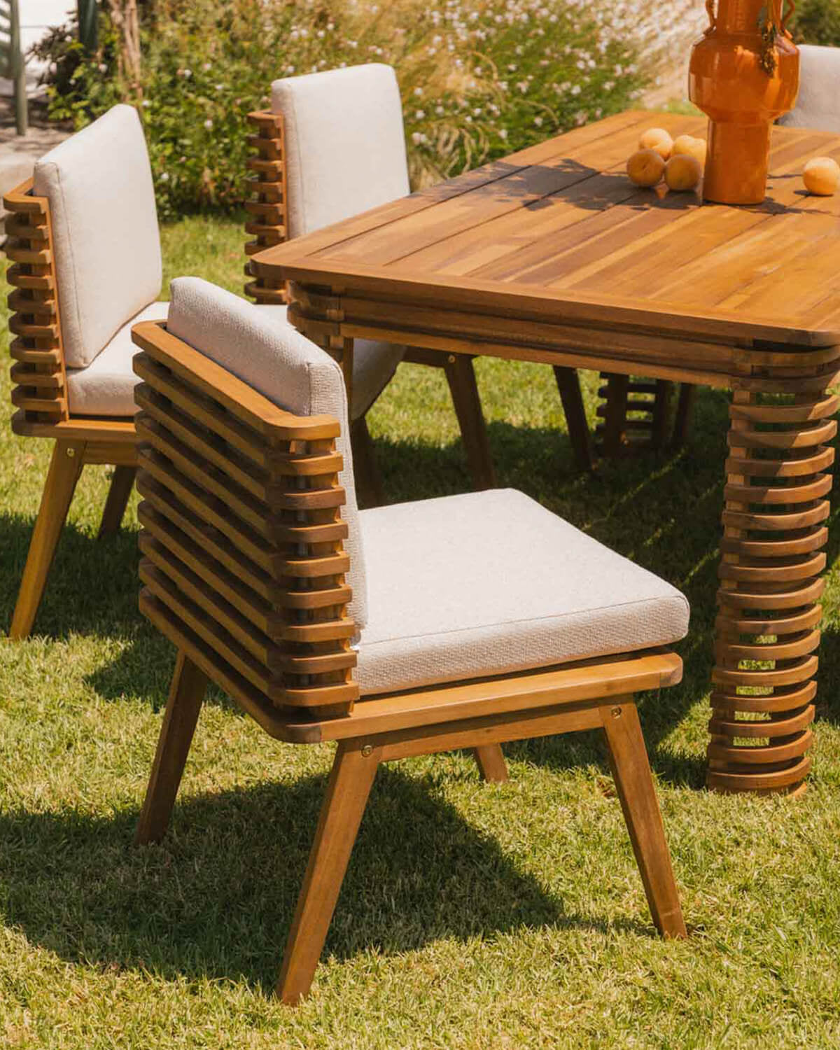 Acacia wood outdoor chair with Hazan fabric cushions