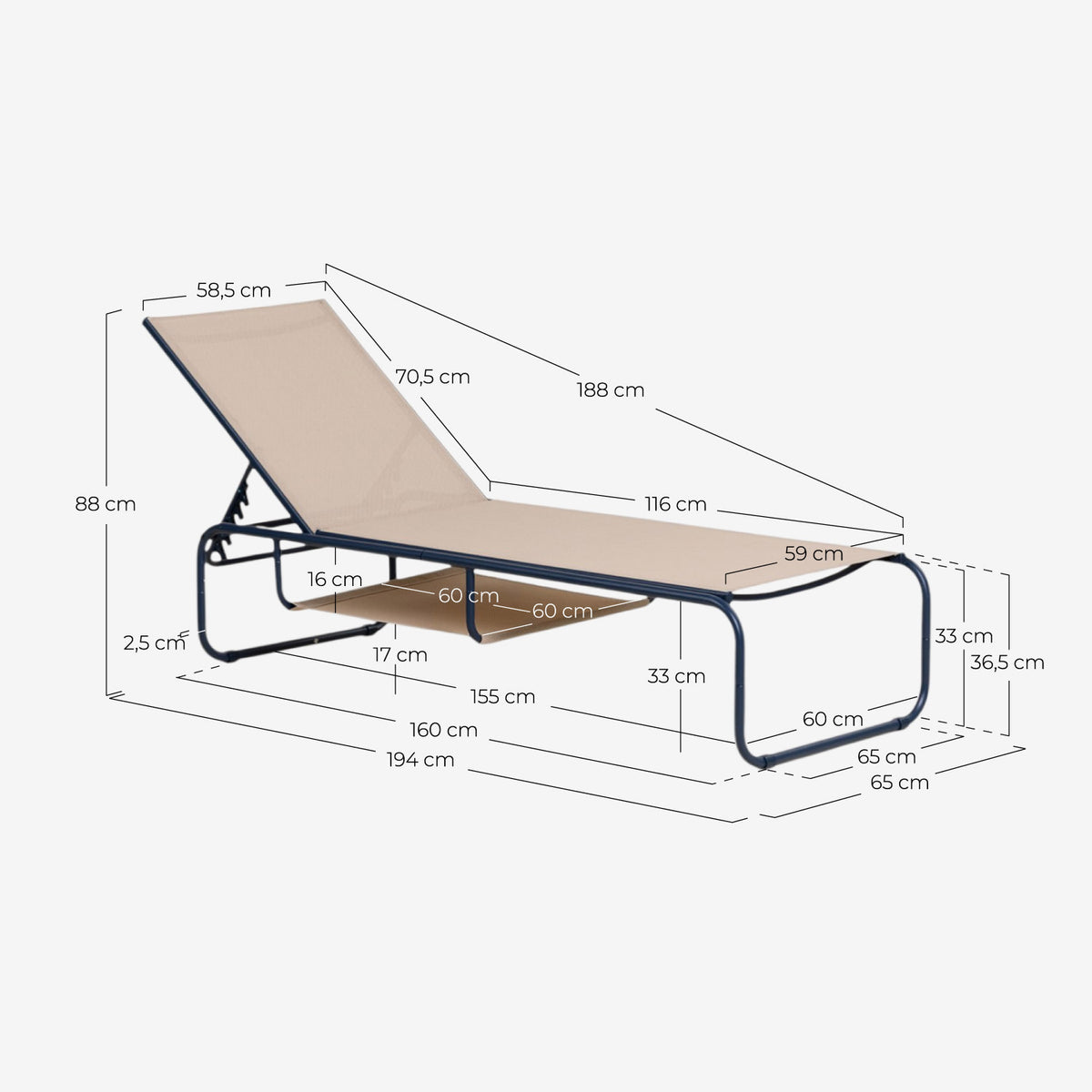Ohiane metal and fabric reclining sun lounger