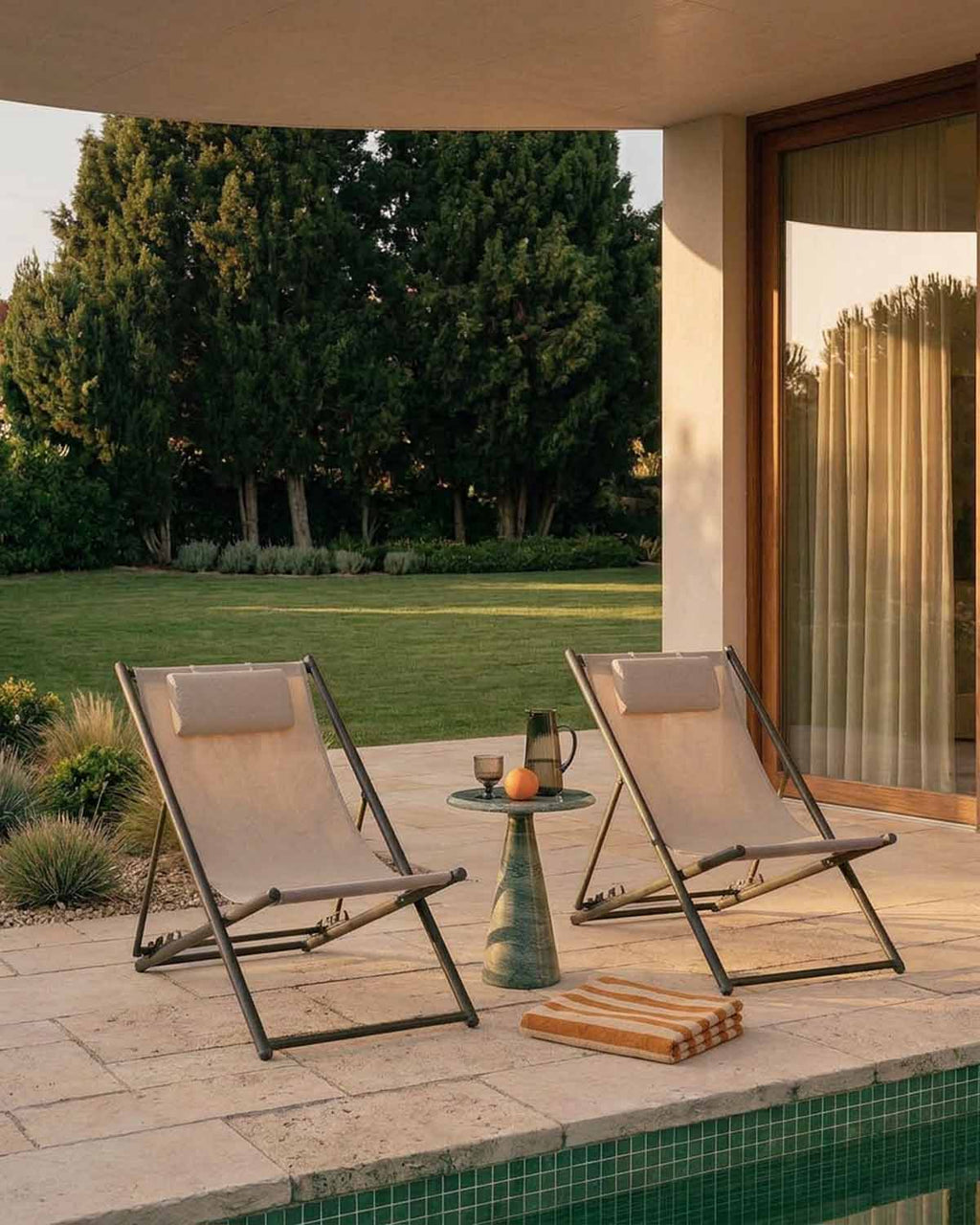 Pack 2 reclining deck chairs in metal and Ohiane fabric