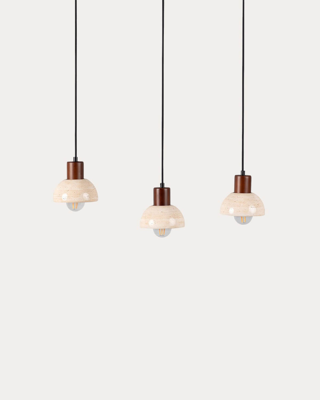Pendant light with 3 light points in travertine marble and May wood