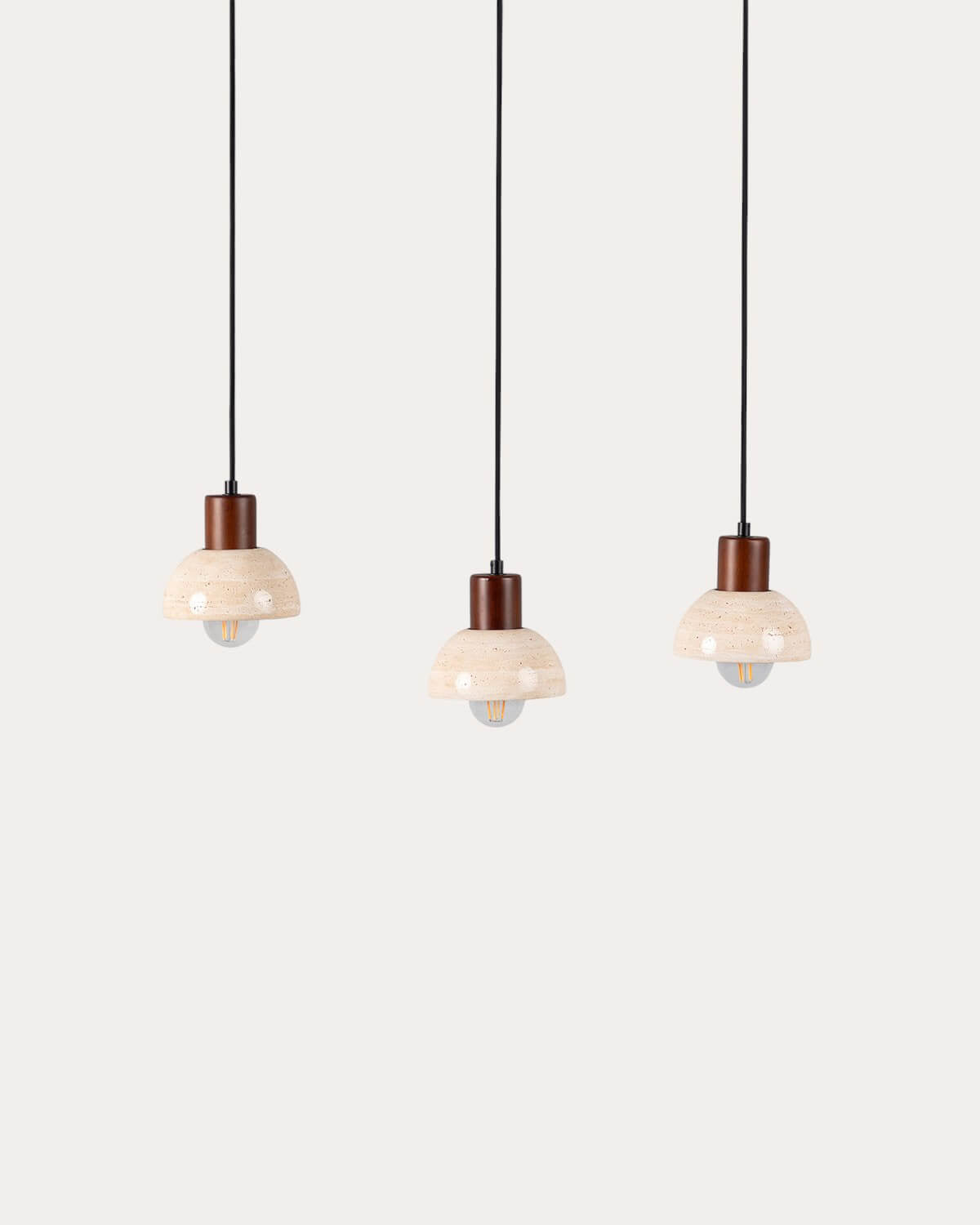 Pendant light with 3 light points in travertine marble and May wood