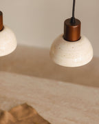 Pendant light with 3 light points in travertine marble and May wood