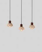 Pendant light with 3 light points in travertine marble and May wood