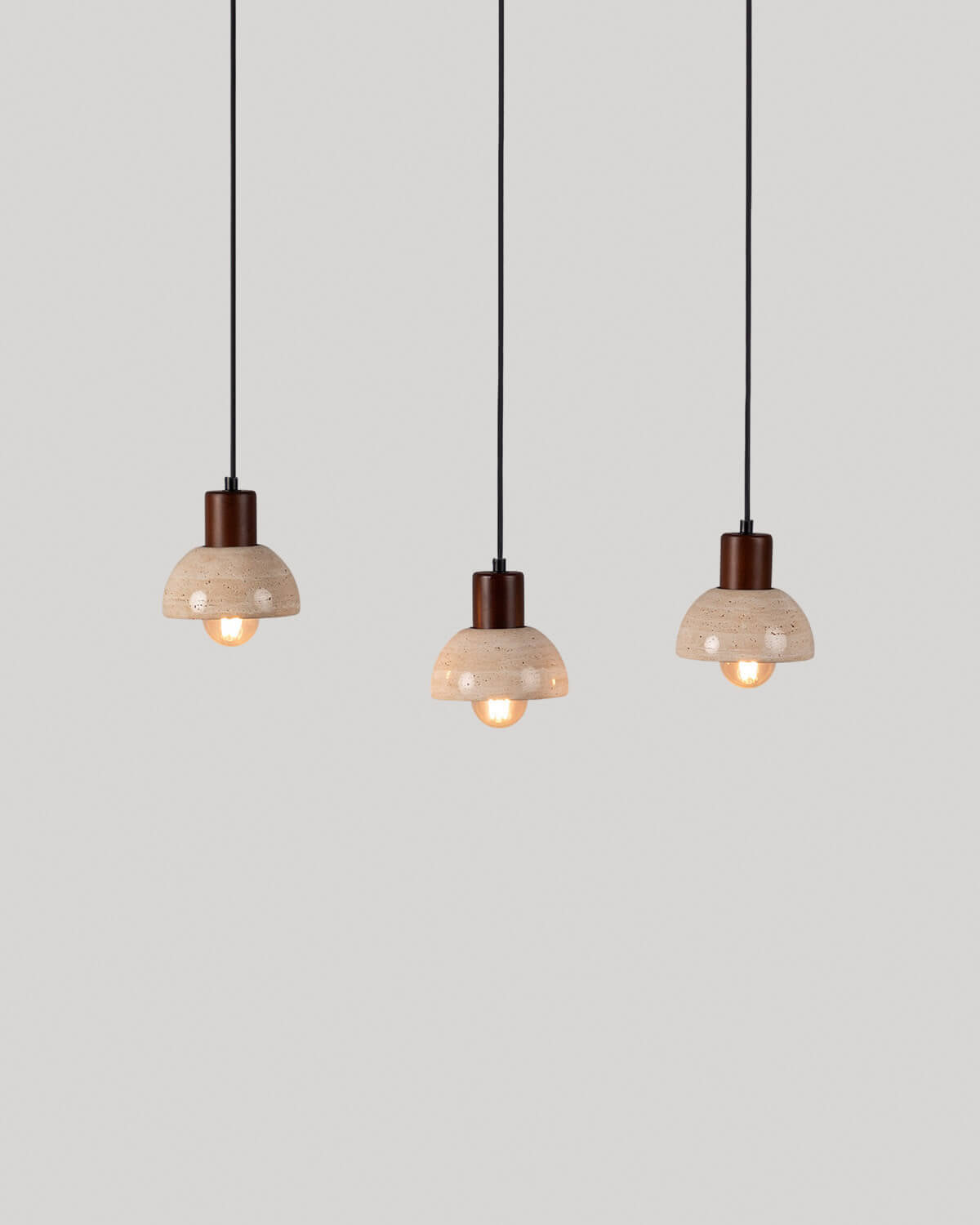 Pendant light with 3 light points in travertine marble and May wood