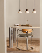 Pendant light with 3 light points in travertine marble and May wood