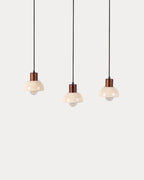 Pendant light with 3 light points in travertine marble and May wood