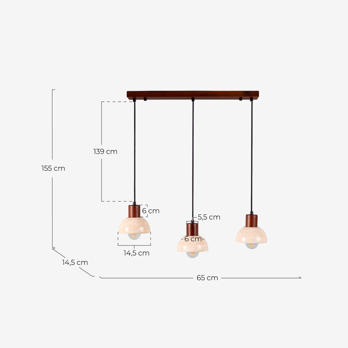 Pendant light with 3 light points in travertine marble and May wood