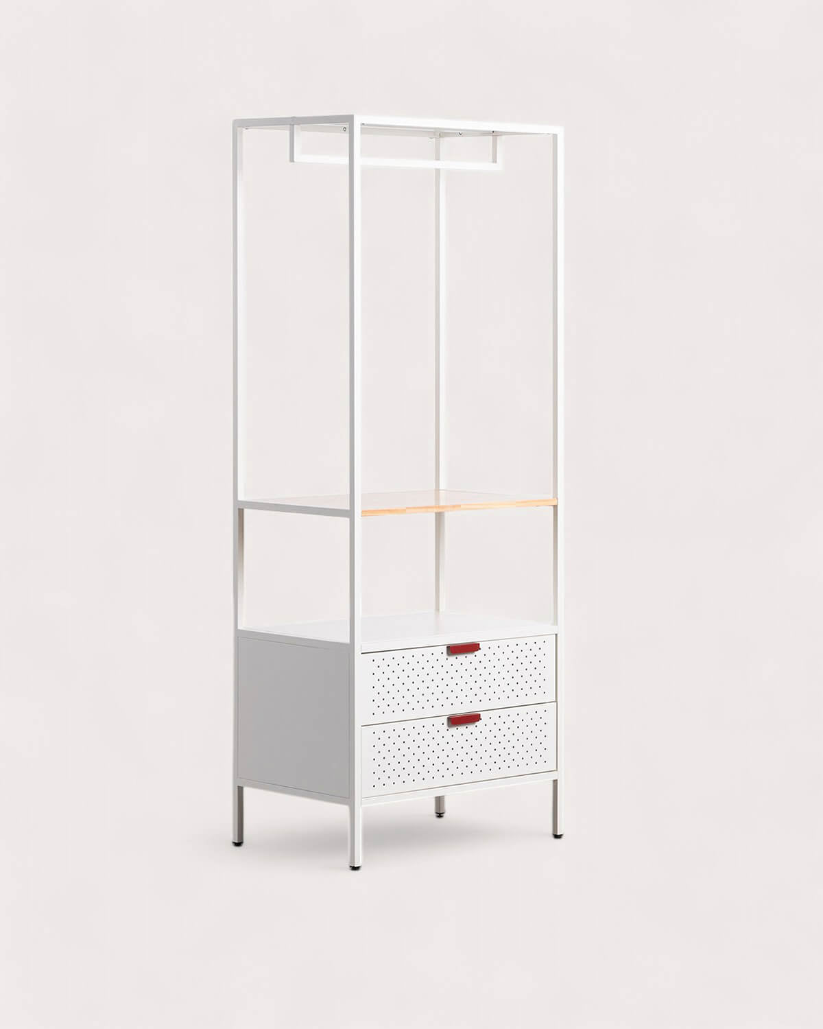 Free-standing coat rack 180x70 cm with shelf and 2 drawers in laminated steel and Varys pine wood