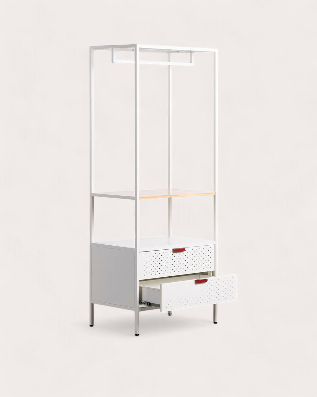 Free-standing coat rack 180x70 cm with shelf and 2 drawers in laminated steel and Varys pine wood