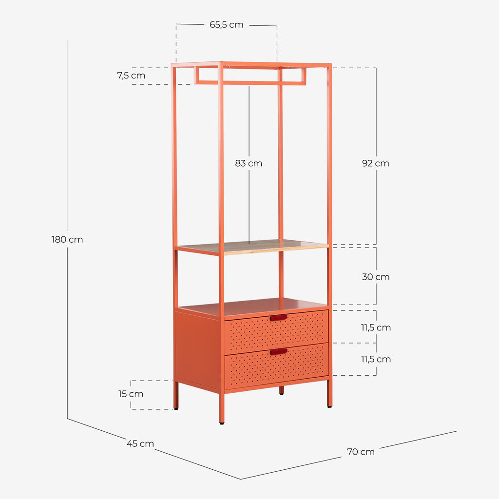 Free-standing coat rack 180x70 cm with shelf and 2 drawers in laminated steel and Varys pine wood