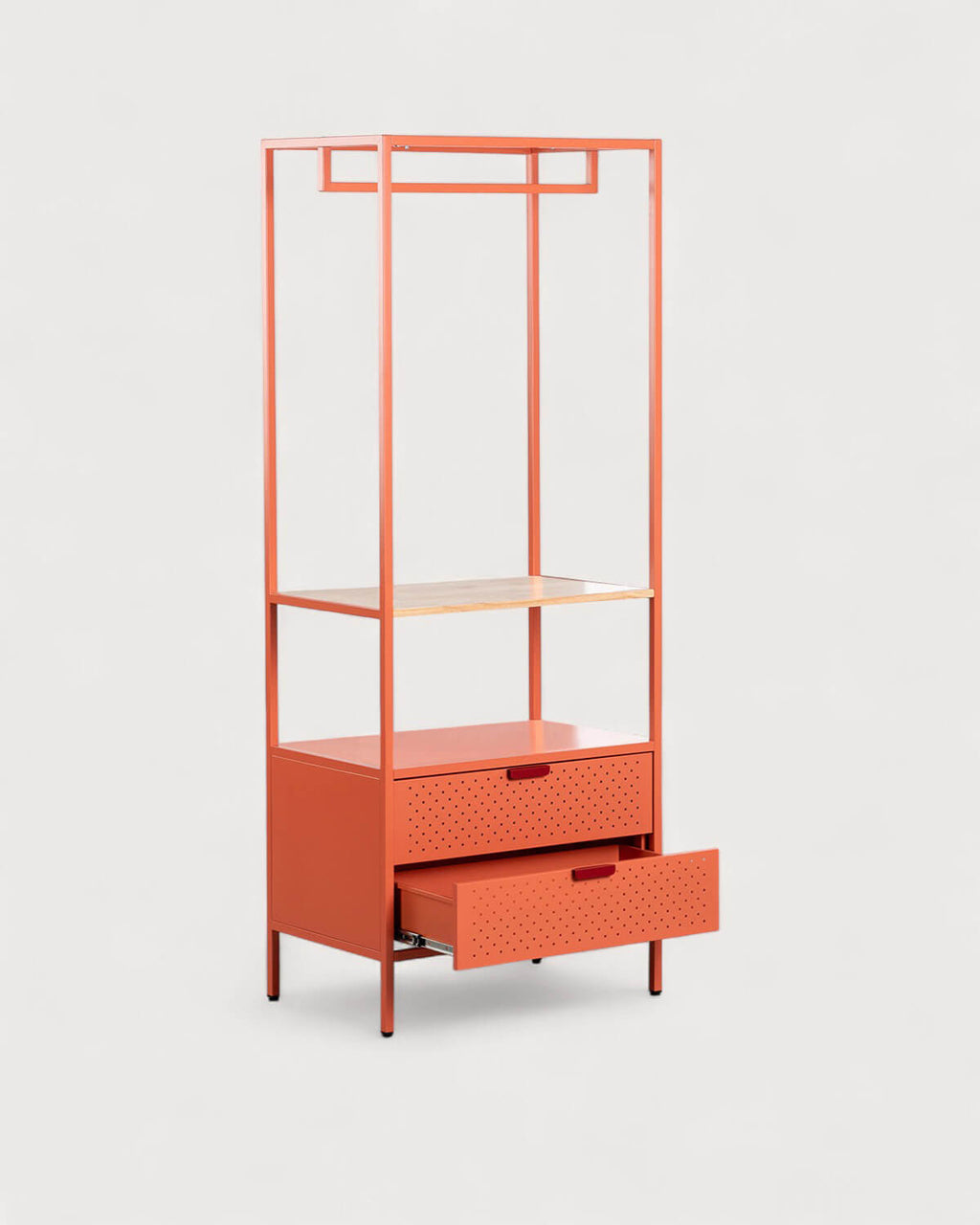 Free-standing coat rack 180x70 cm with shelf and 2 drawers in laminated steel and Varys pine wood