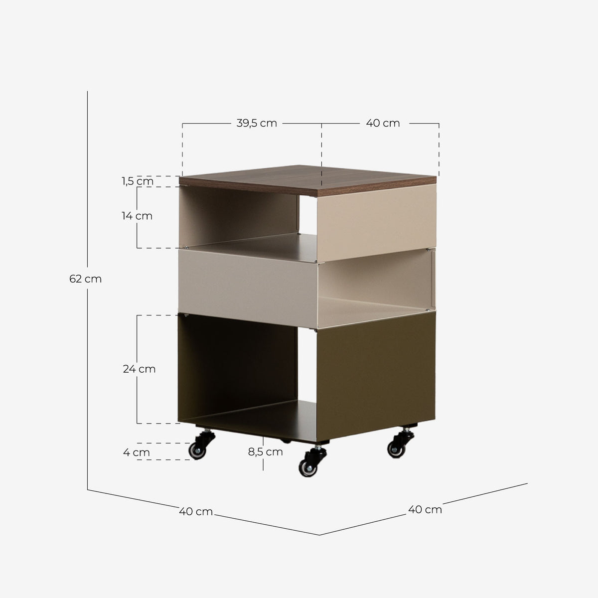 Side table with wheels and storage 40x40 cm in metal Aron