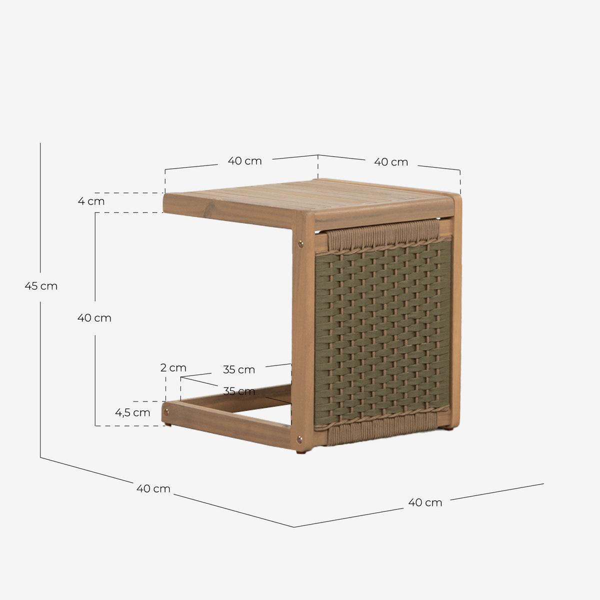 Outdoor side table 40x40 cm in acacia wood and Mirle rope