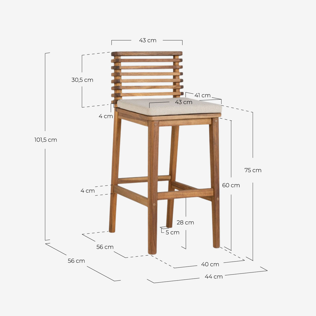 75 cm outdoor bar stool in acacia wood and Hazan fabric