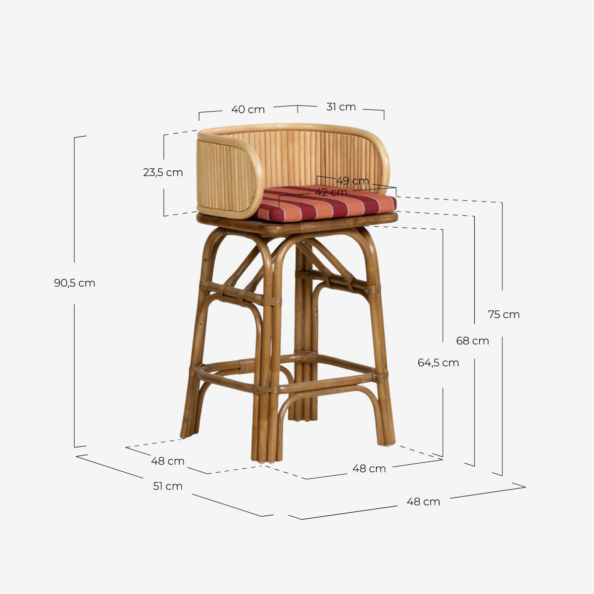 Dozza 75 cm natural rattan bar stool