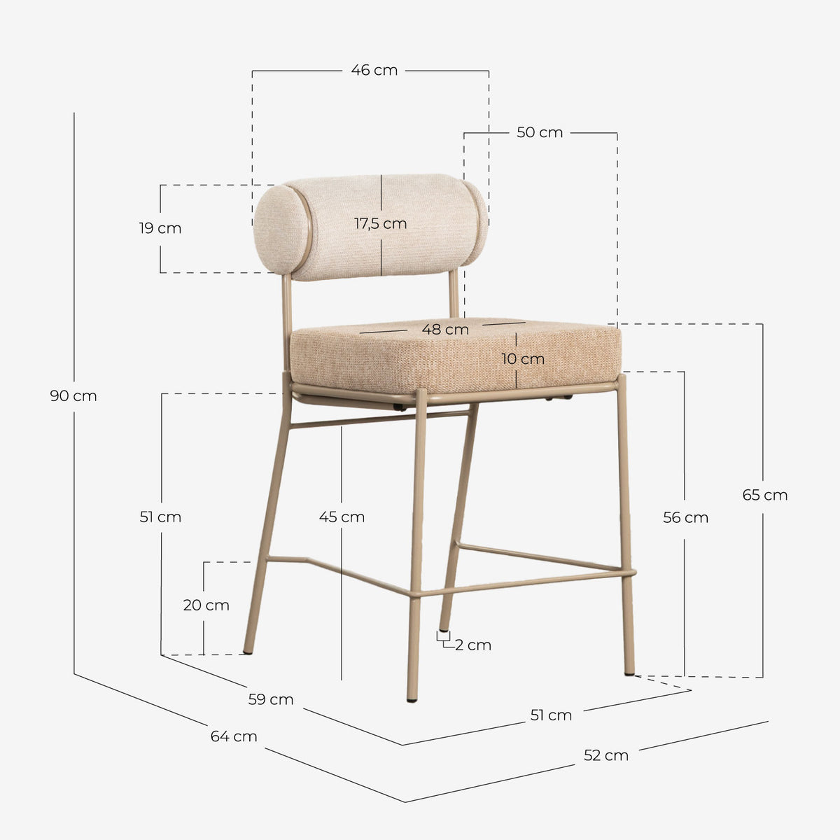 65 cm bar stool in fabric and metal Elin Soft